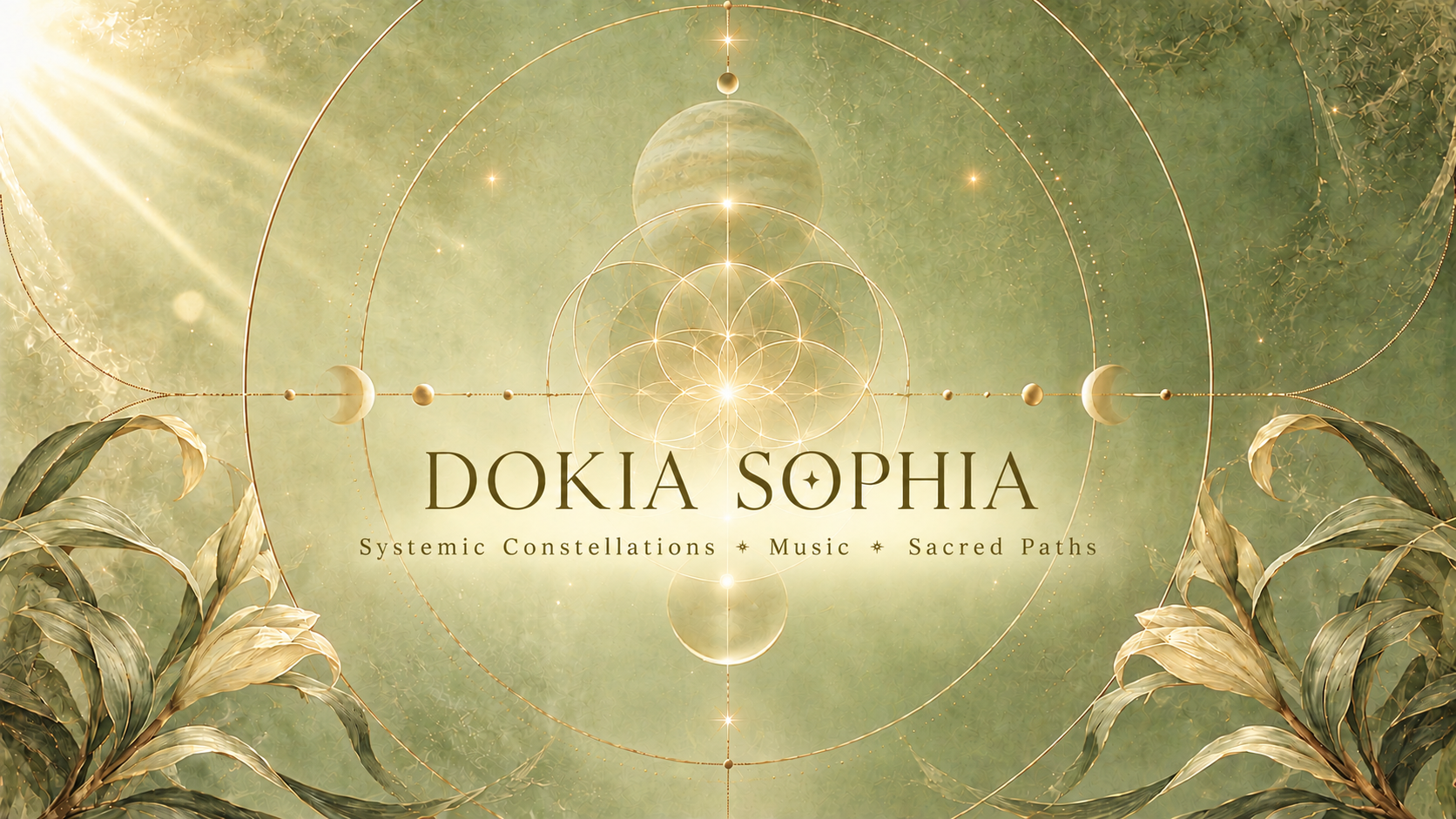 Dokia Sophia — Systemic Constellations, Music, Sacred Paths, in a sage green and gold celestial botanical design